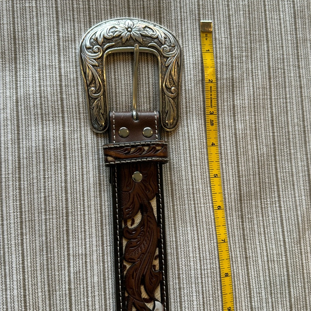 Noona Belt Co size, small genuine, embellished brown belt with silver buckle